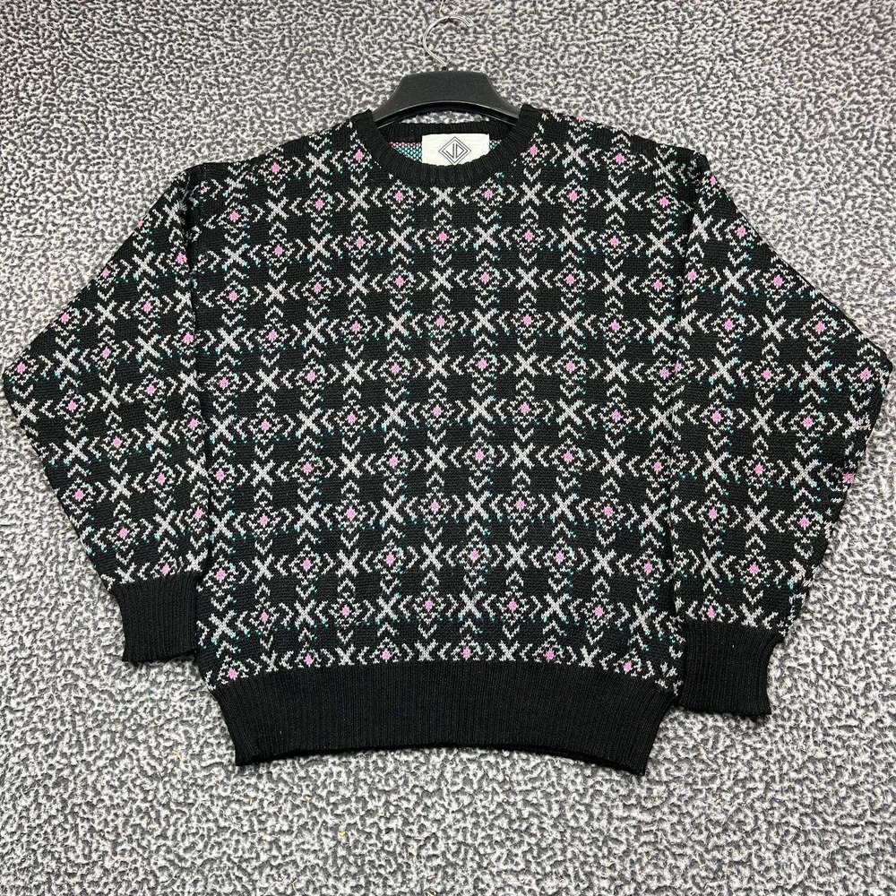 Vintage Sun Valley Sweater Men Medium Black Pink Geometric Knit Wool M